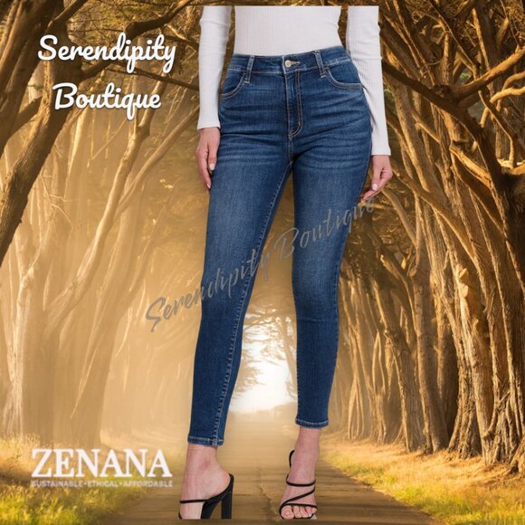 Zenana Signature Denim - Zenana Super Stretch Skinny High Rise Lightly Distressed Dark Wash Denim Jeans